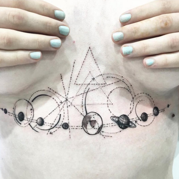 geometric solar system sternum tattoo