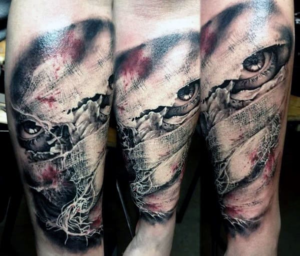d guys realistic mummy outer forearm tattoos