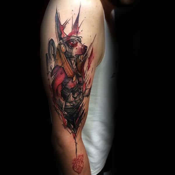 abstract anubis watercolor mens upper arm tattoos
