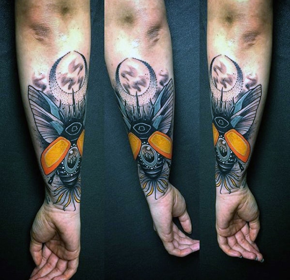 awesome mens scarab bettle outer forearm tattoo
