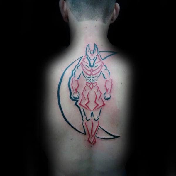 black and red ink outline guys anubis back tattoos