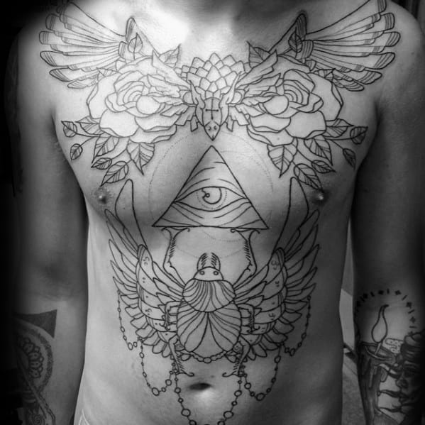 black ink outline guys cool egyptian scarab full chest tattoo ideas