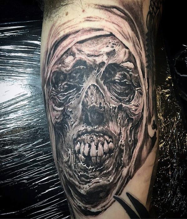 cool skull mummy guys inner arm bicep tattoos