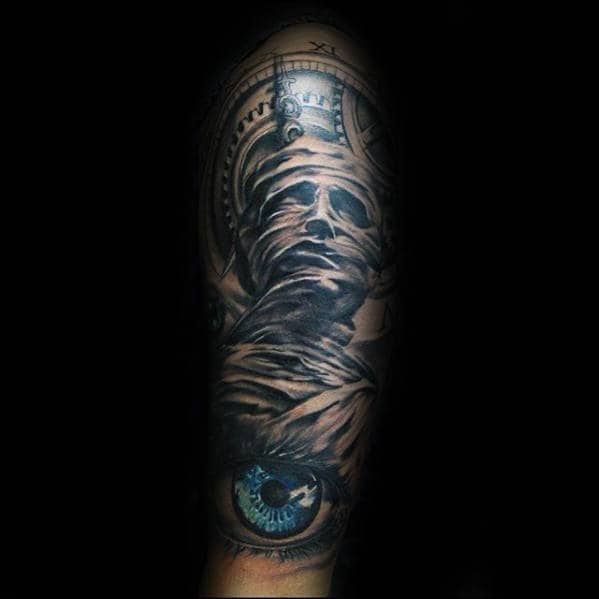eye with mummy mens half sleeve tattoo