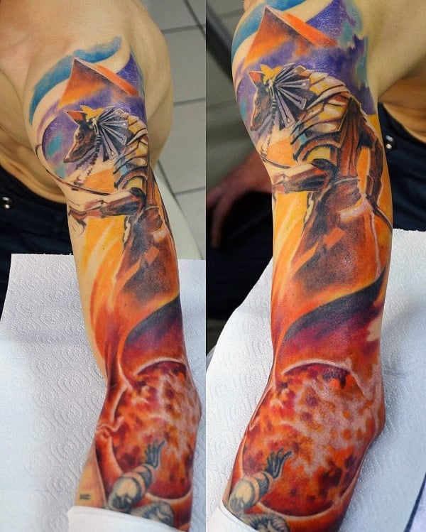 gentleman with anubis sleeve tattoo full color design