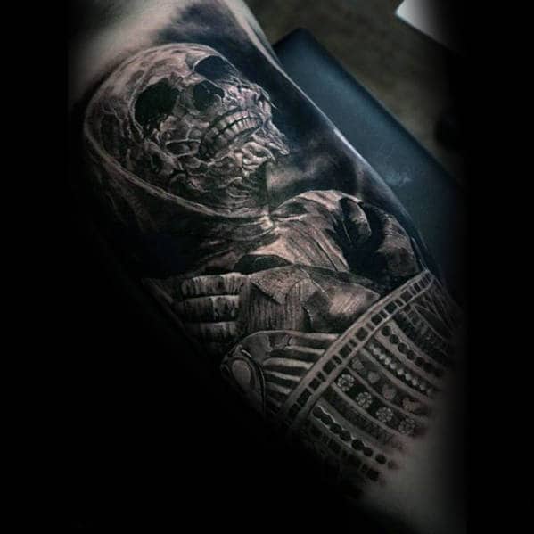 gentleman with mummy d realistic inner arm bicep tattoo
