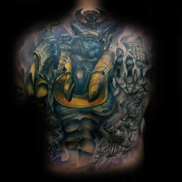 guy with full back anubis tattoo