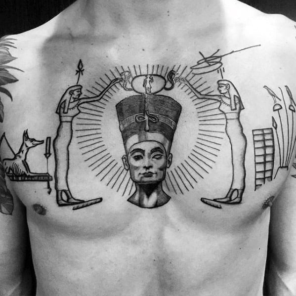 guy with hieroglyphics egyptian chest tattoo design