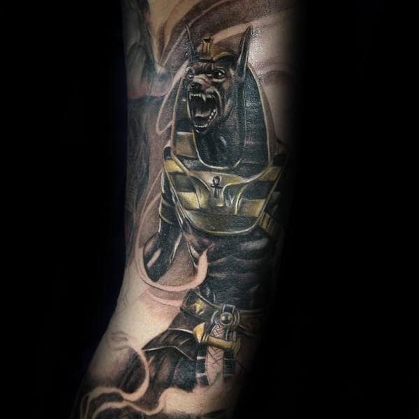 inner arm anubis realistic canine god tattoo ideas