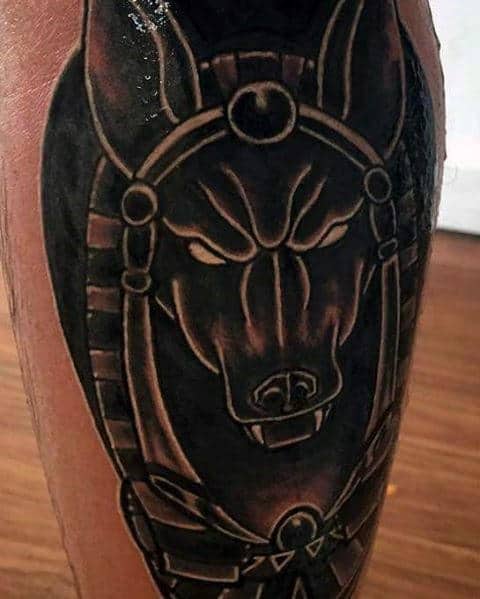 leg calf black ink shaded guys anubis tattoo ideas