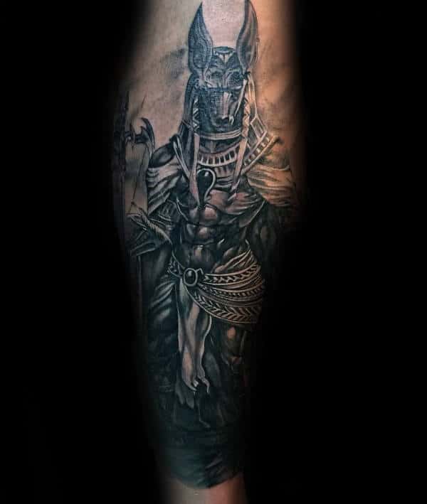 leg calf male anubis tattoo with realistic design