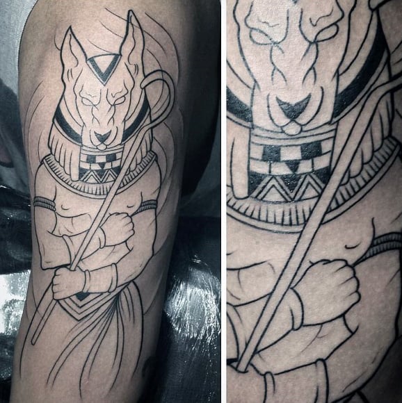mens anubis black ink outline arm tattoos