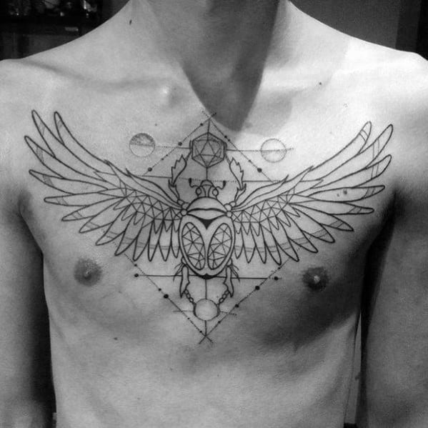 mens black ink outline geometric shapes scarab chest tattoo