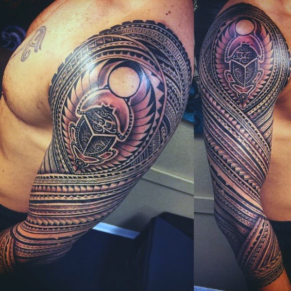 mens polynesian sleeve with scarab design tattoo design ideas