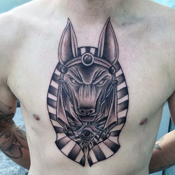middle of chest anubis mens egyptian tattoo ideas