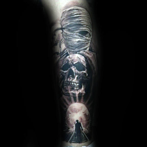 mummy holding skull guys manly sleeve tattoo design ideas