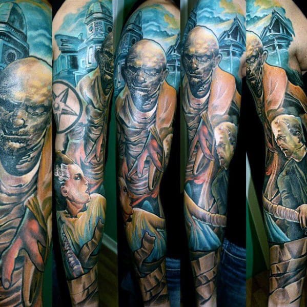 mummy themed guys full sleeve tattoo designs