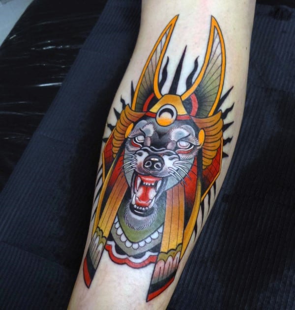 neo traditional anubis tattoos for guys on legs