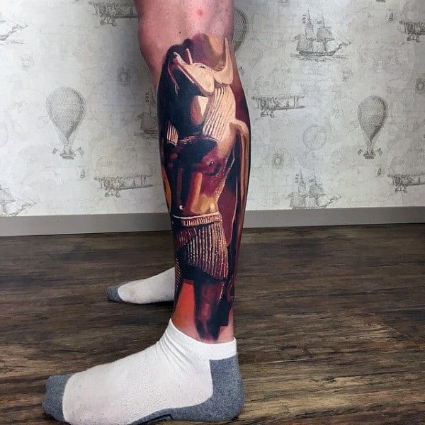 realistic anubis d mens leg sleeve tattoos