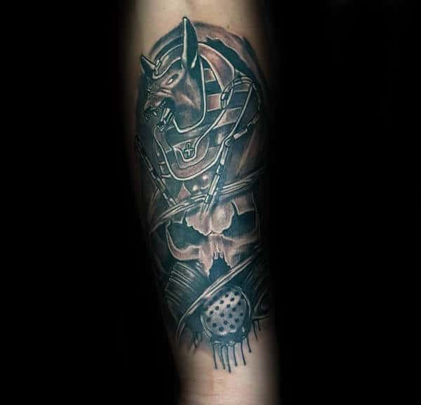 skull with anubis mens forearm tattoos