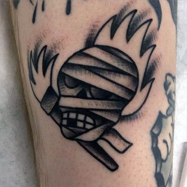 small flaming torch mummy traditional arm tattoos for guys