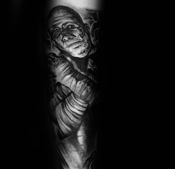 unique guys shaded mummy portrait inner forearm sleeve tattoo