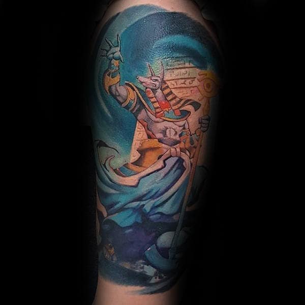 watercolor egyptian god anubis mens half sleeve tattoos