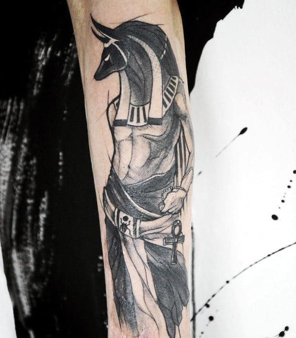 watercolor guys anubis black ink forearm tattoos