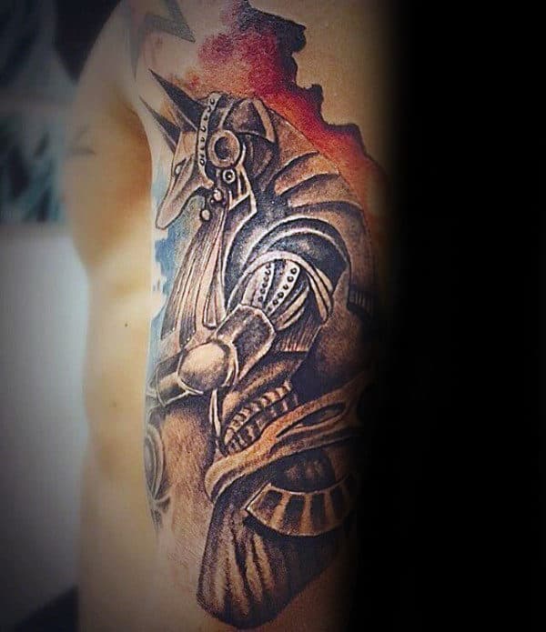 watercolor mens anubis arm tattoo for gentlemen