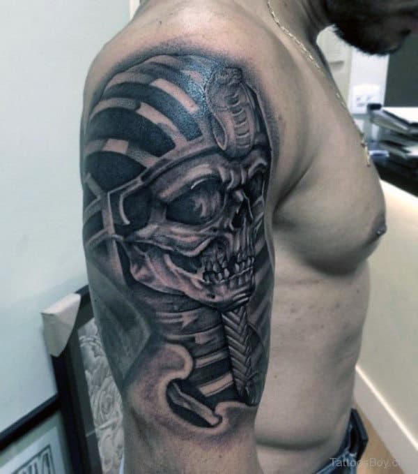 d metallic skull king tut mens half sleeve shaded tattoo designs