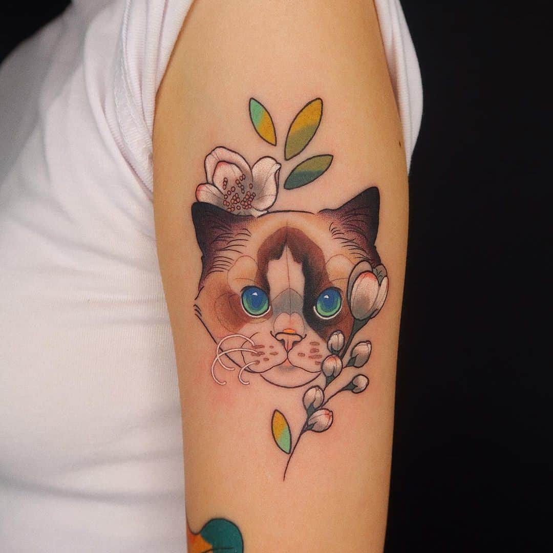 Colorful Arm Cat Tattoo