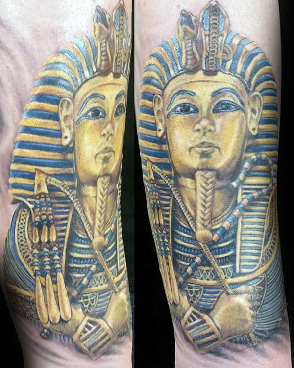 blue and gold ink mens king tut arm tattoos