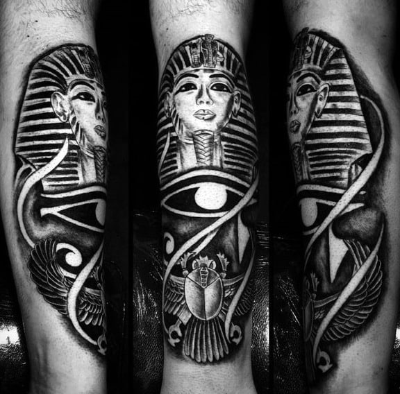 eye of ra with bettle and king tut mens egyptian themed shin tattoos