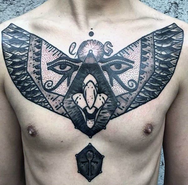mens upper chest ankh and eye of horus tattoo design ideas