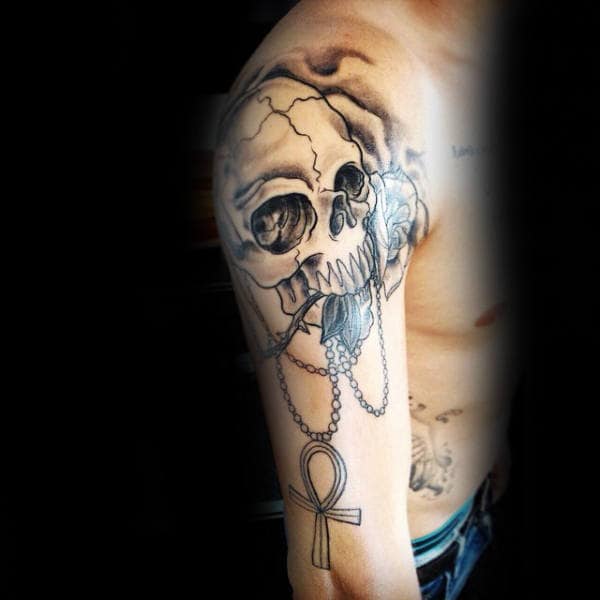 skull with ankh on chain mens arm tattoo