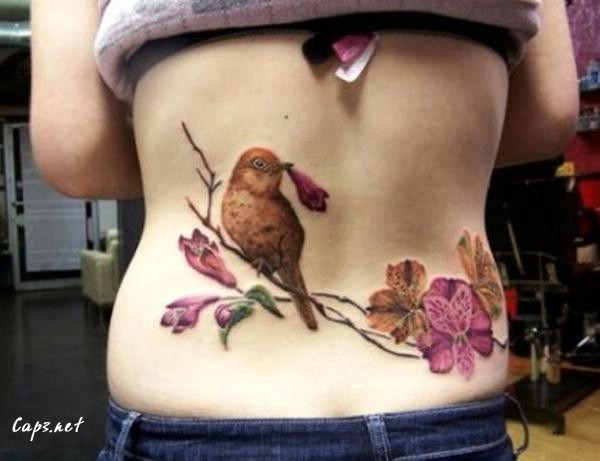 39 Bird and Flower Low Back Tattoo