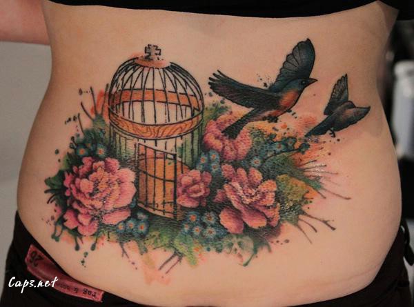 53 Watercolor Low Back Tattoo