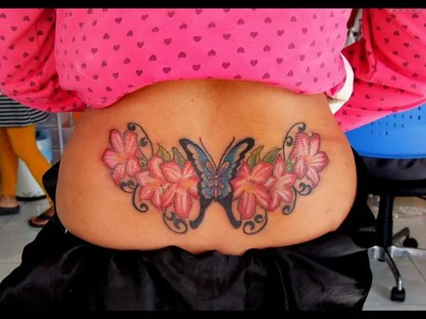 Butterfly And Flower Tattoo On Lower Back