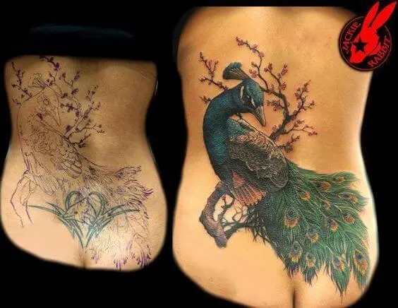 beautiful lower back cover up peacock tattoo design