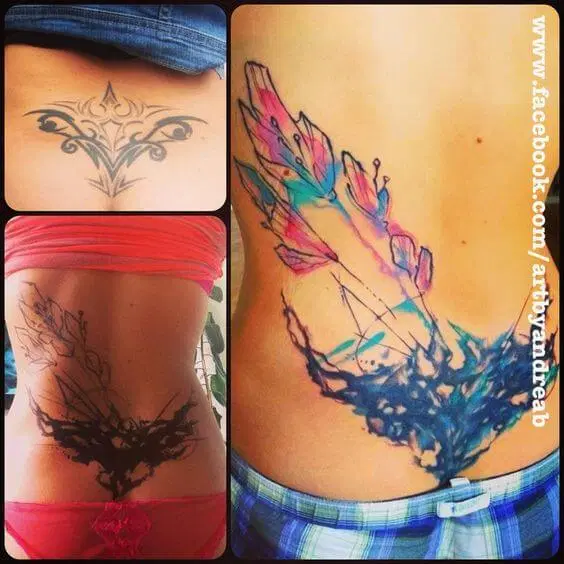 creative watercolor cover up tattoo design on lower back