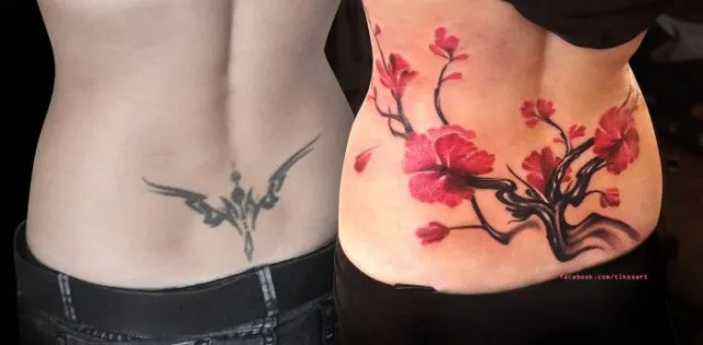 lower back cover up flower tattoo design