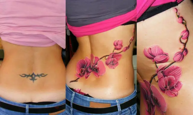 lower back cover up flower vine tattoo