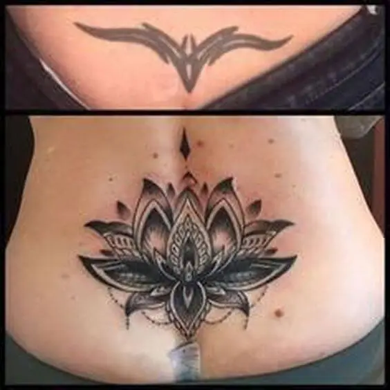 lower back cover up lotus flower tattoo design