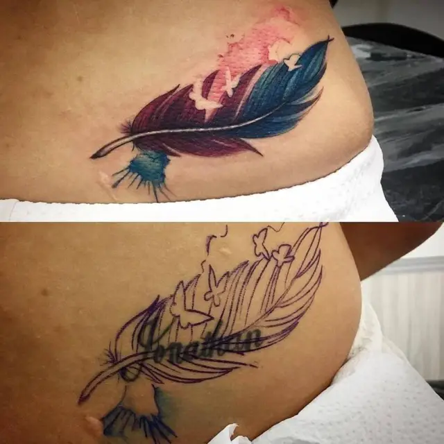 lower back feather cover up tattoo