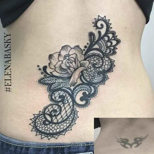 lower back flower lace cover up tattoo design