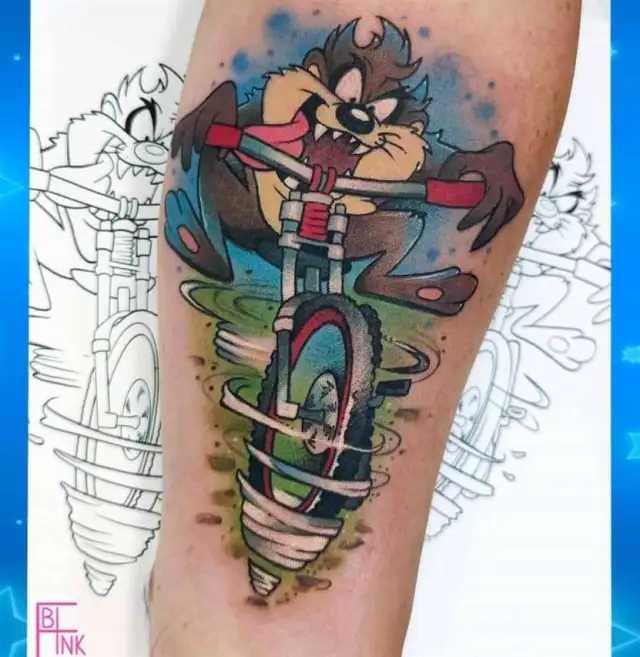 tasmanian devil with bicycle tattoo