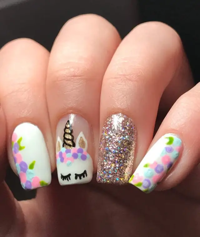 glitter with floral combo unicorn nail art