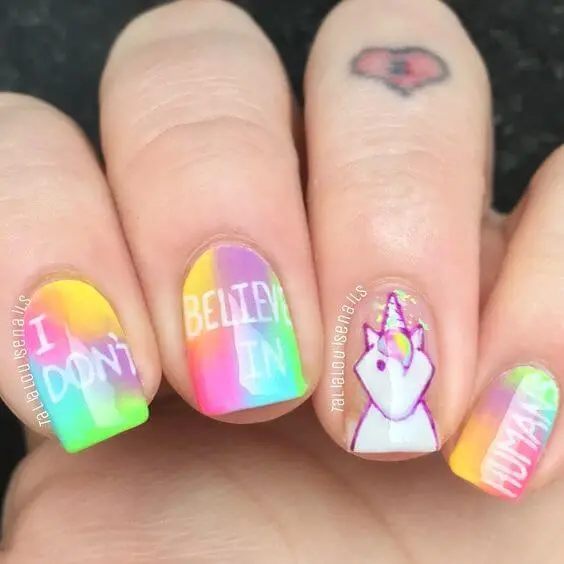 rainbow colors combo unicorn nail art