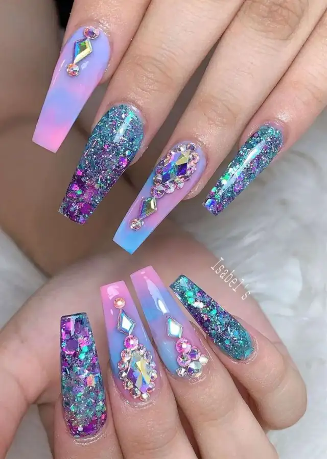 rhinestones with unicorn bling nail art