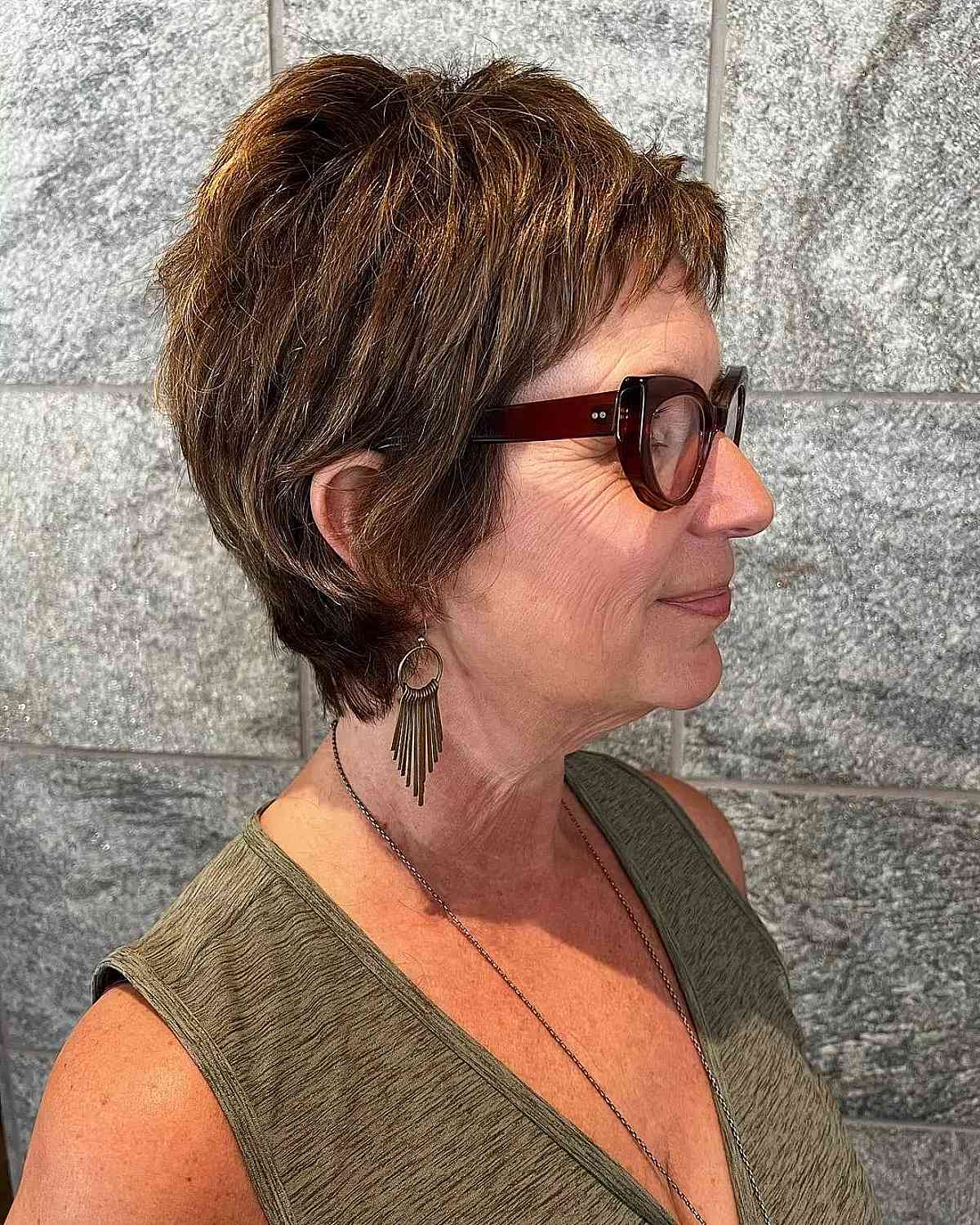 chestnut brown sassy shag for ladies past with glasses